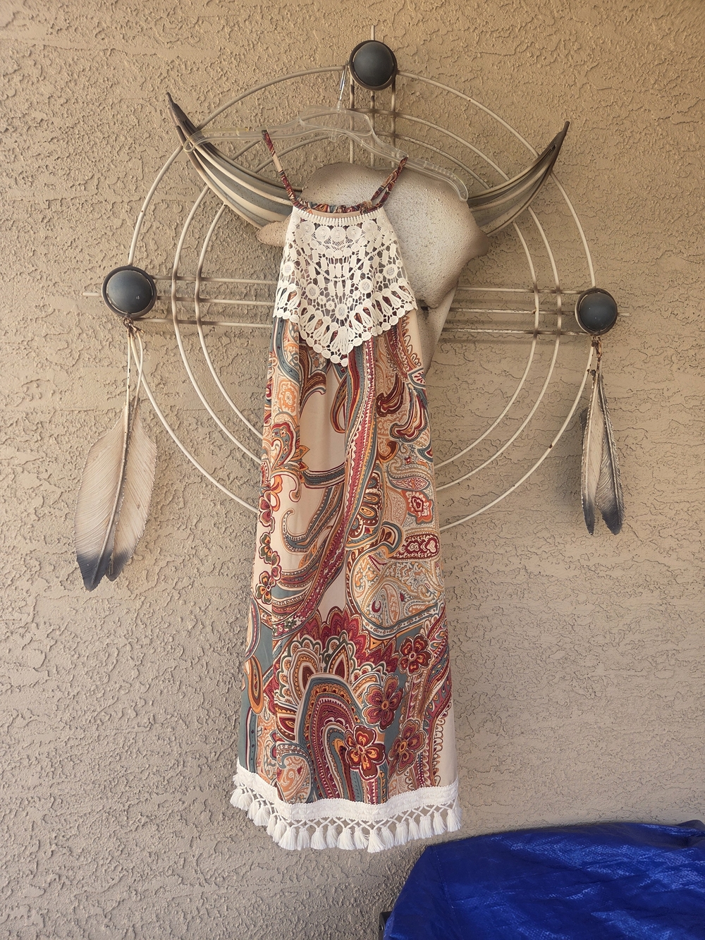 Crochet Yoke Paisley Boho Dress in Multi-Color